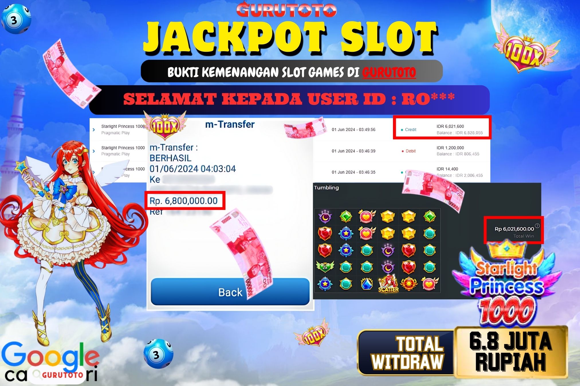 Jackpot Slot Starlight Princess 1000 di Gurutoto sebesar Rp.6.800.000 dibayar lunas.