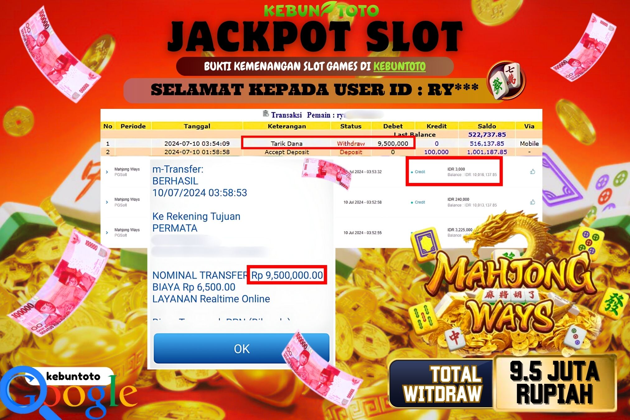 KEBUNTOTO JACKPOT SLOT MAHJONG WAYS Rp.9.500.000,- LUNAS
