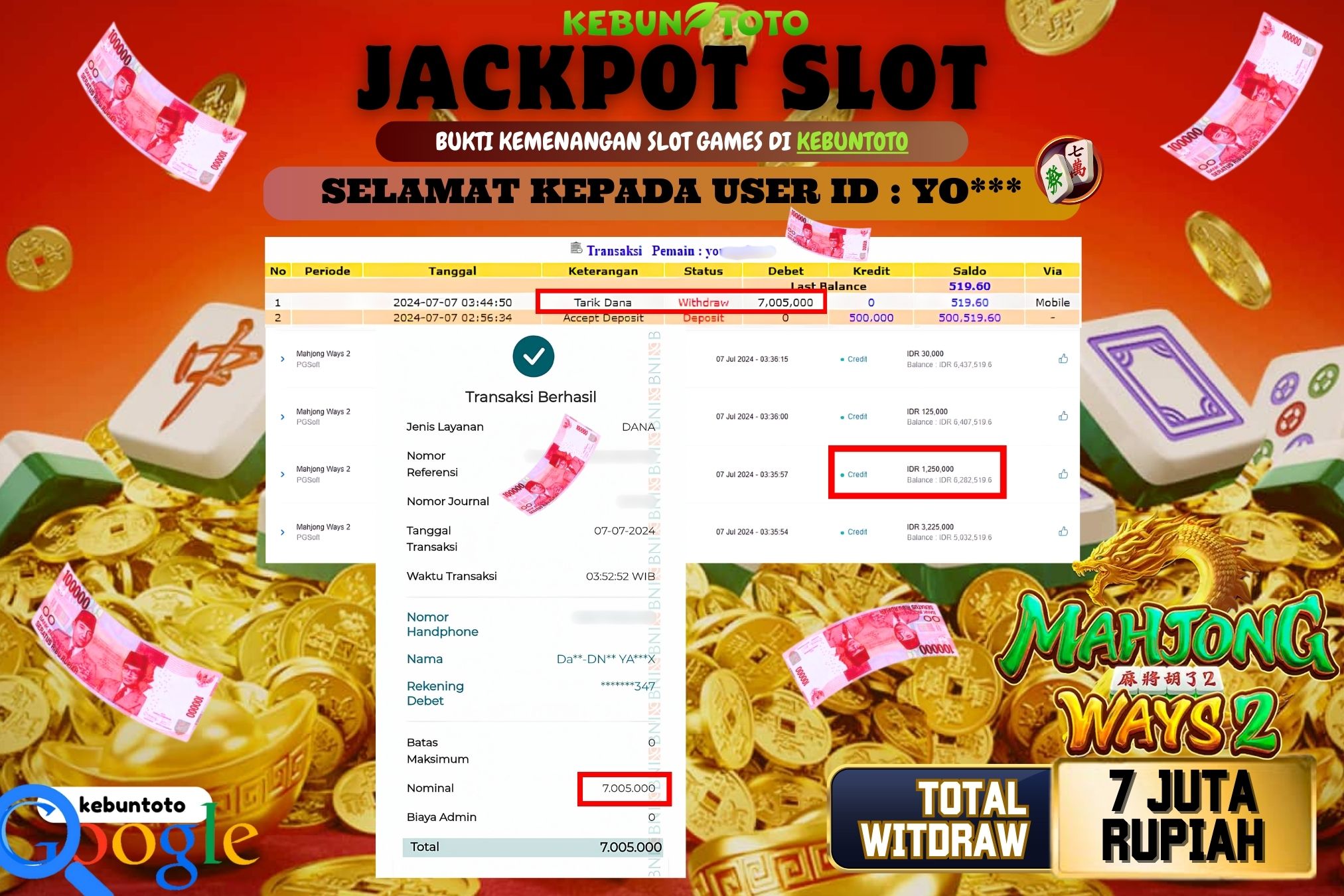 KEBUNTOTO JACKPOT SLOT MAHJONG WAYS 2 Rp.7.005.000,- LUNAS