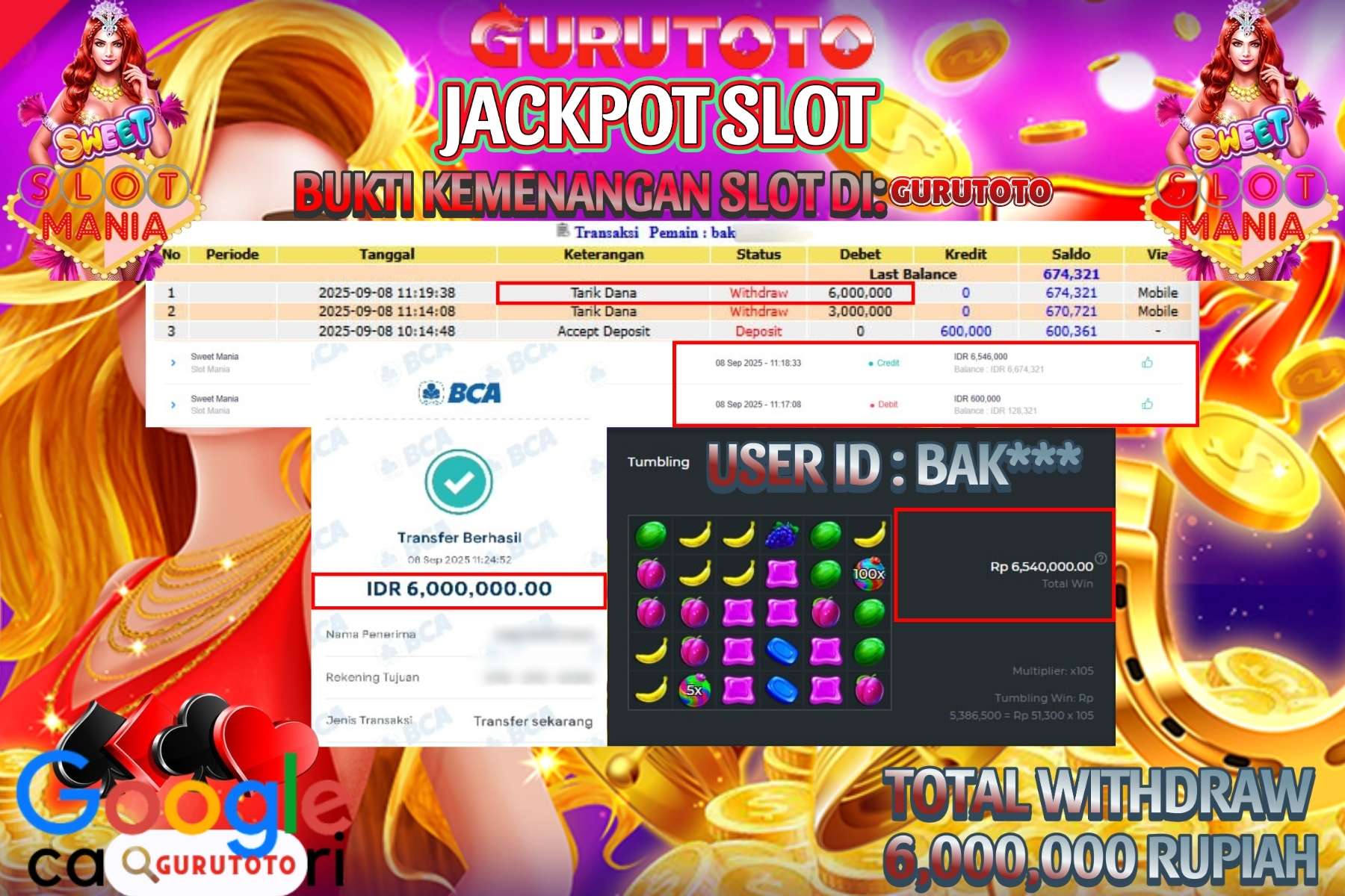 Bukti Kemenangan Rp 6.000.000 SLOT SWEET MANIA di GURUTOTO!