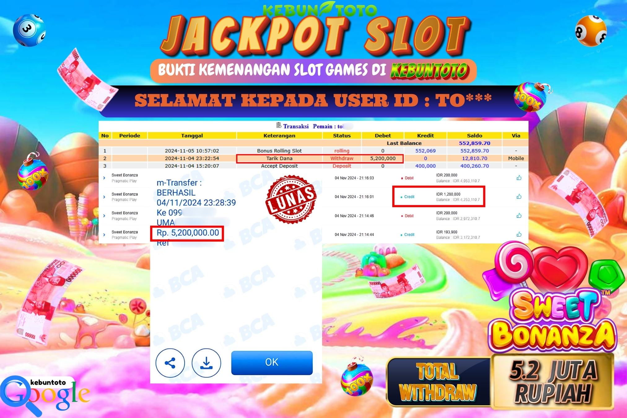 KEBUNTOTO JACKPOT SLOT SWEET BONANZA Rp.5.200.000,- LUNAS