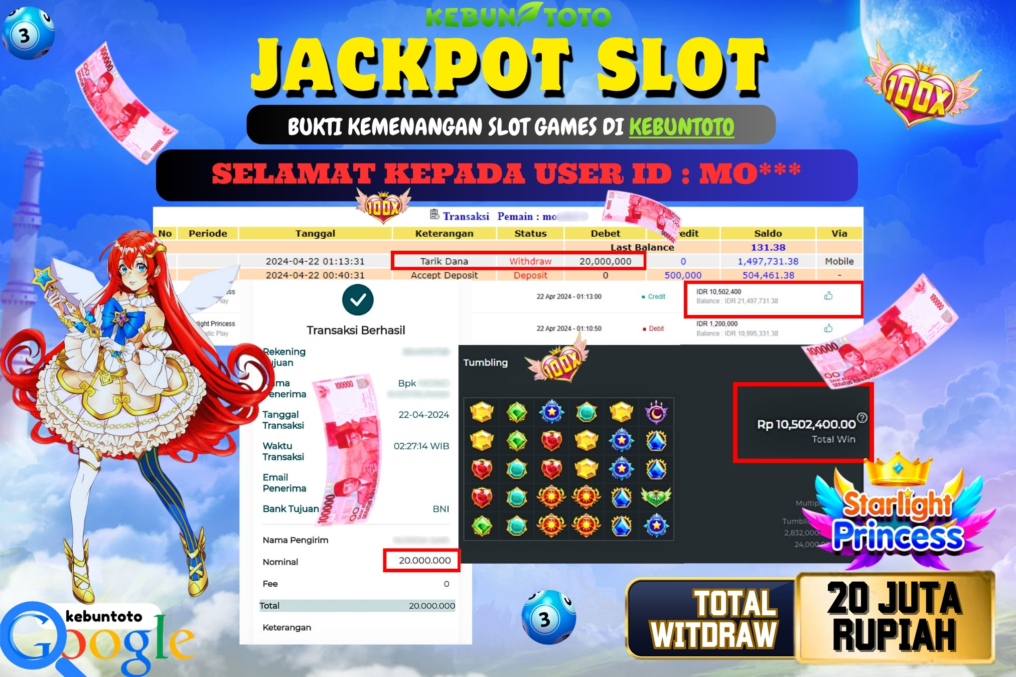 KEBUNTOTO JACKPOT SLOT STARLIGHT PRINCESS Rp.20.000.000,- LUNAS