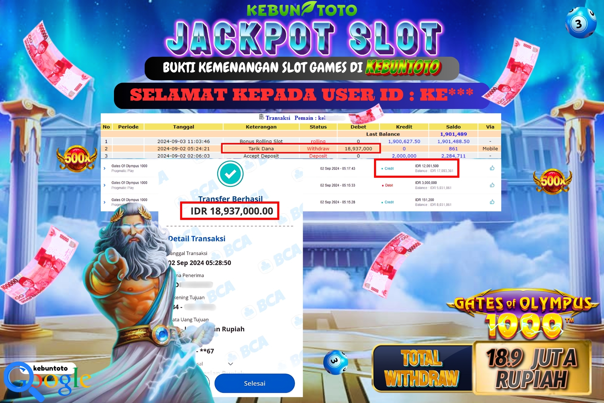 KEBUNTOTO JACKPOT SLOT GATES OF OLYMPUS 1000 Rp.18.937.000,- LUNAS