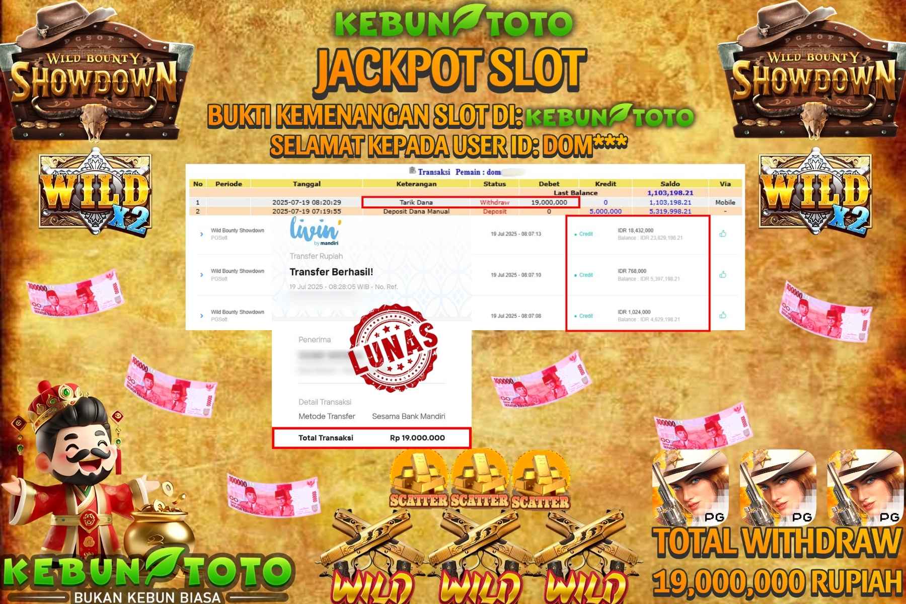 Bukti Kemenangan Rp 19.000.000 SLOT WILD BOUNTY SHOWDOWN di KEBUNTOTO!