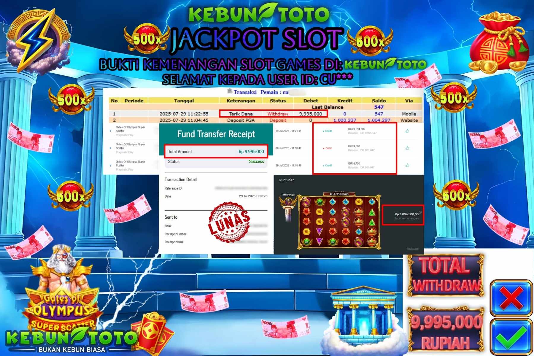 Bukti Kemenangan Rp 9.995.000 SLOT GATES OF OLYMPUS SUPER SCATTER di KEBUNTOTO!