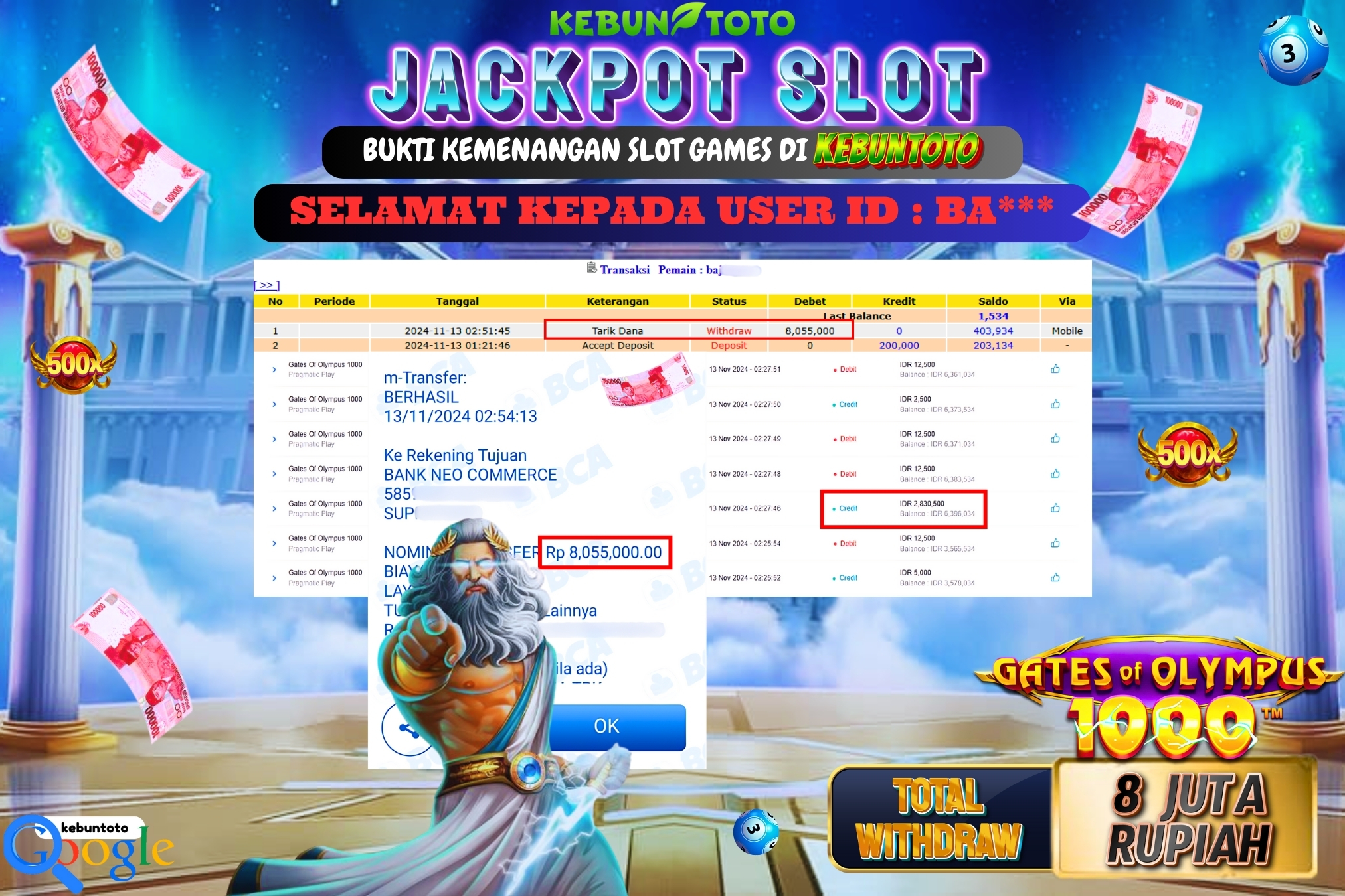 KEBUNTOTO JACKPOT SLOT GATES OF OLYMPUS 1000 Rp.8.055.000,- LUNAS