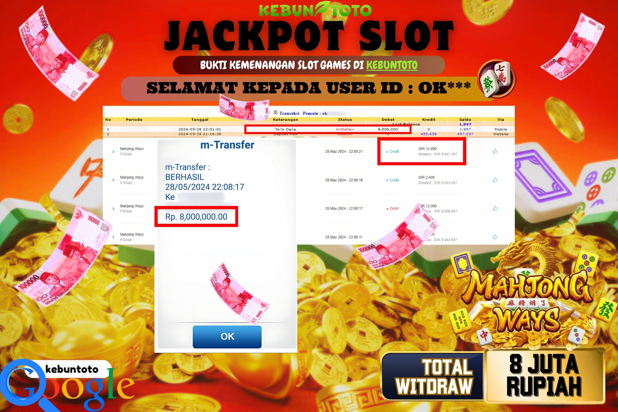KEBUNTOTO JACKPOT SLOT MAHJONG WAYS Rp.8.000.000,- LUNAS
