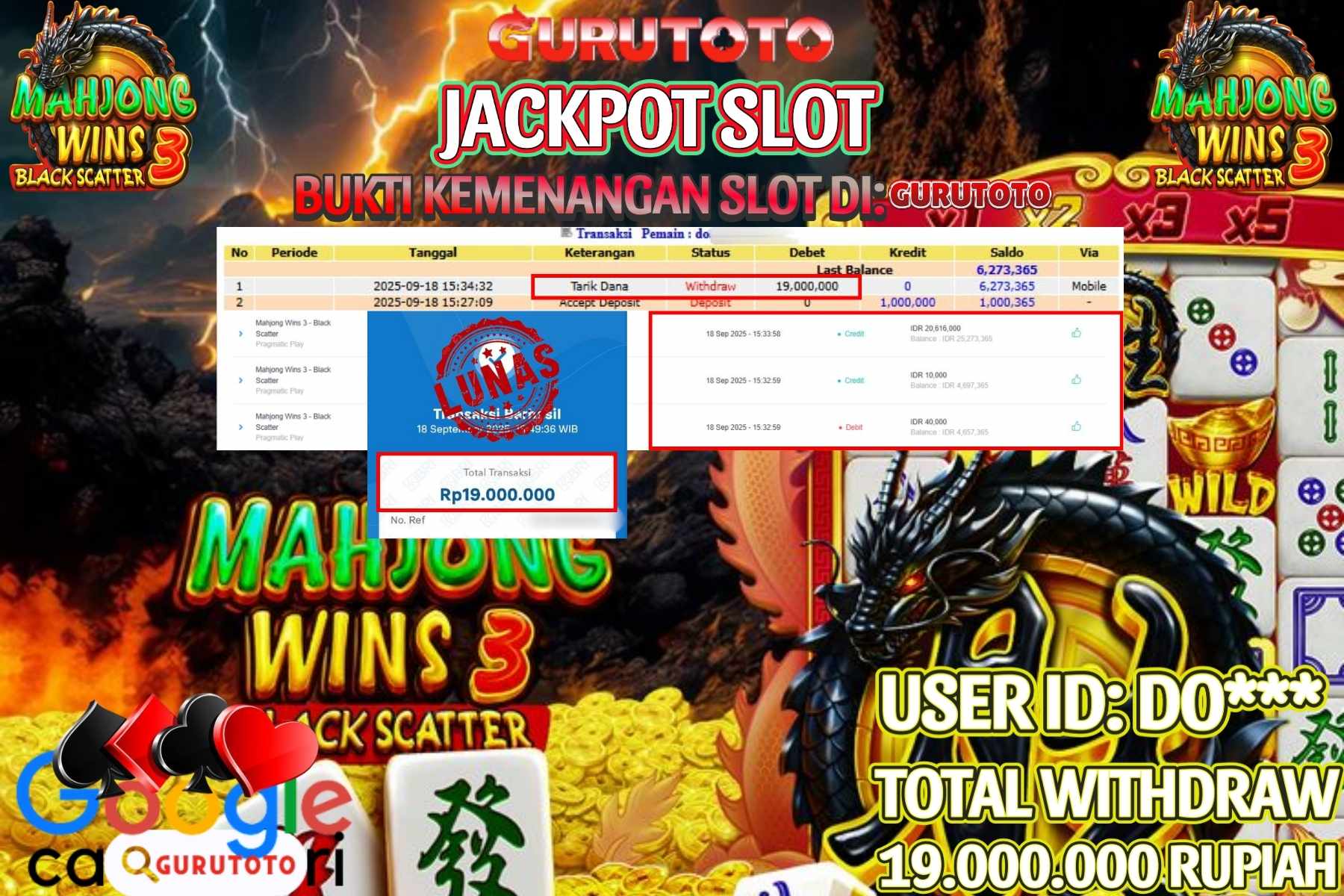 Bukti Kemenangan Rp 19.000.000 SLOT MAHJONG WINS 3 BLACK SCATTER di GURUTOTO!
