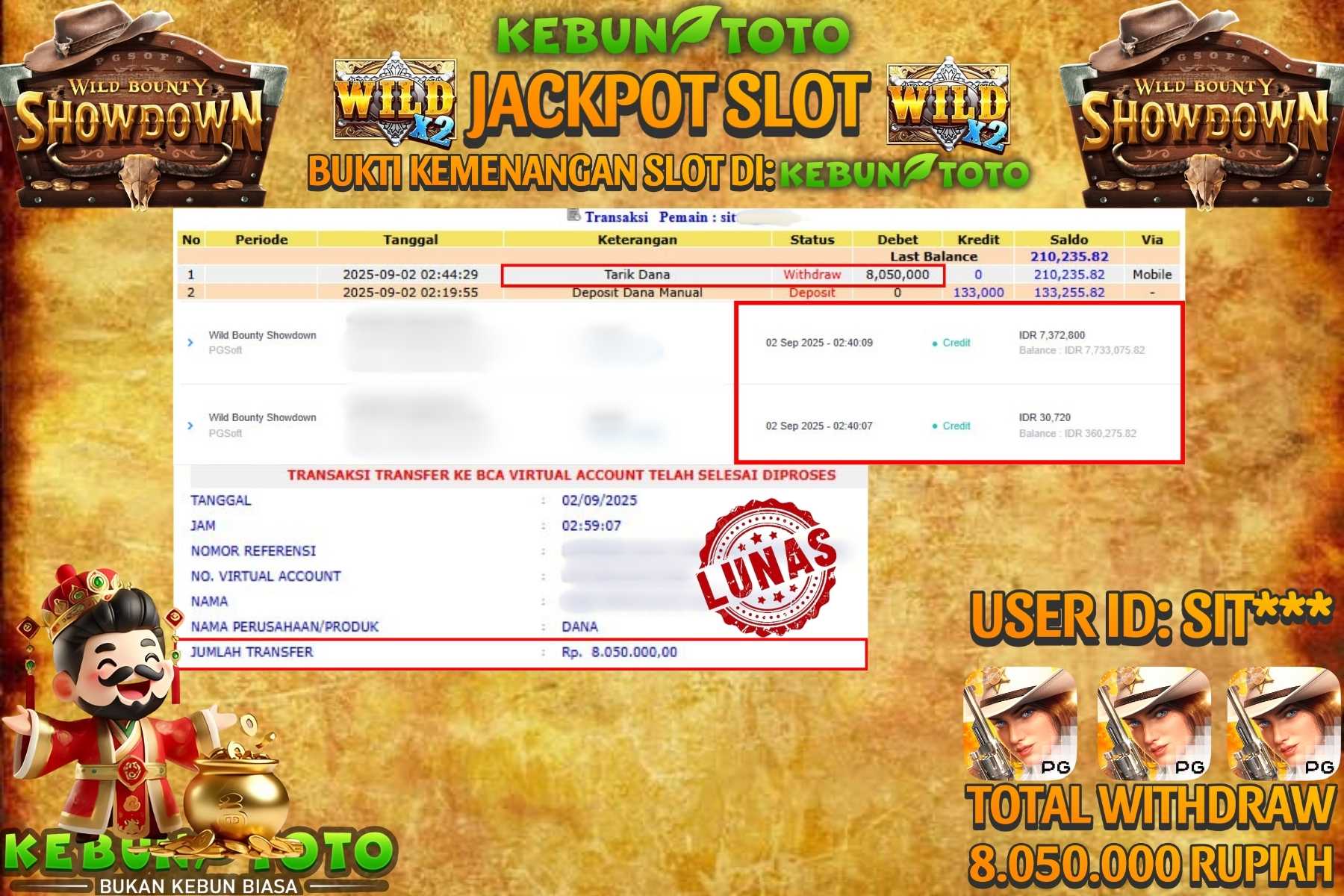 Bukti Kemenangan Rp 8.050.000 SLOT WILD BOUNTY SHOWDOWN di KEBUNTOTO!