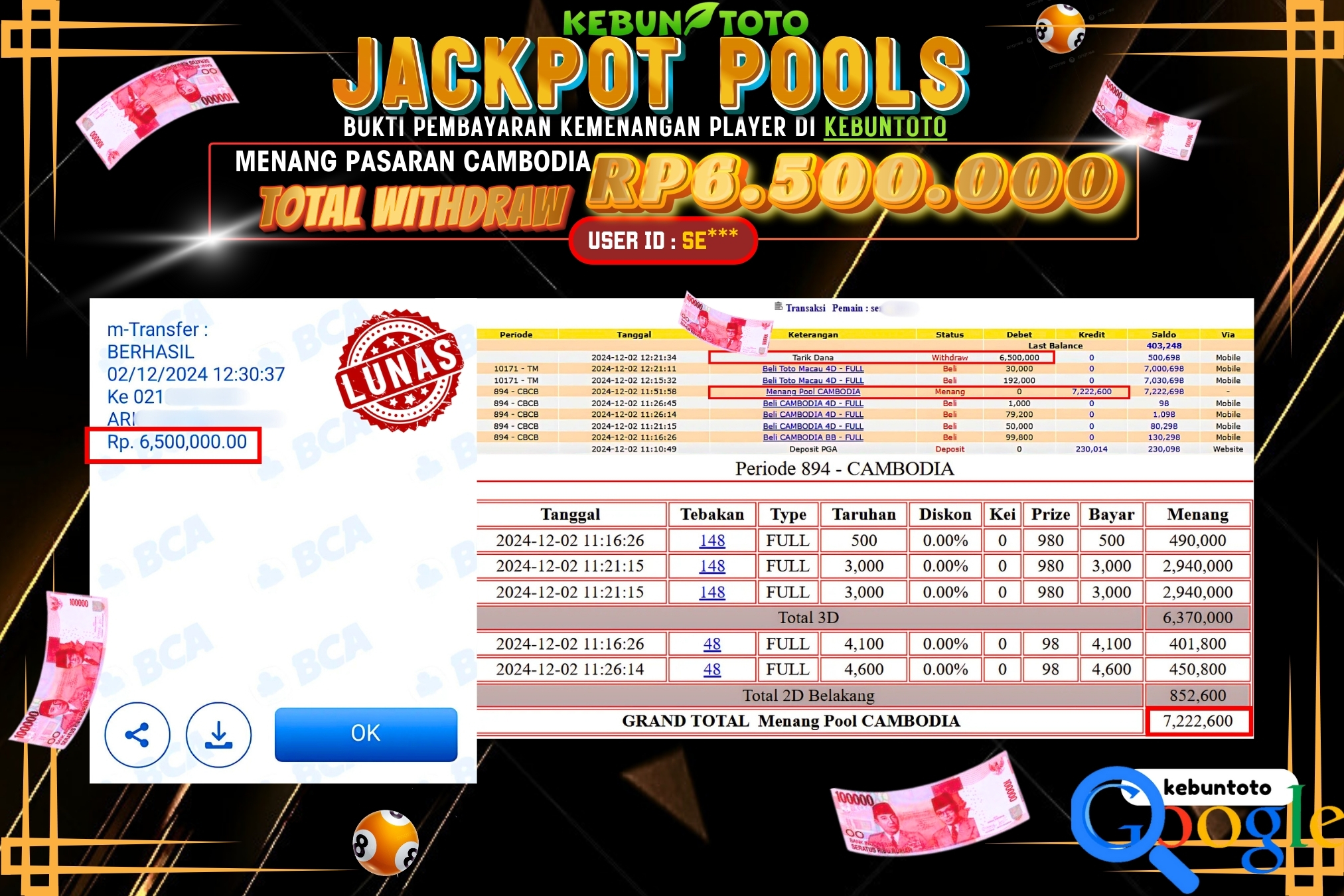 KEBUNTOTO JACKPOT TOGEL PASARAN CAMBODIA Rp.6.500.000,- LUNAS