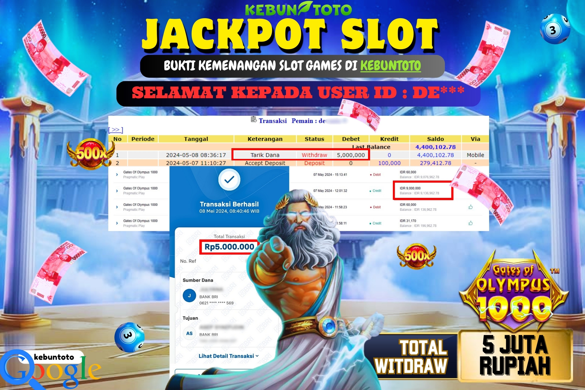 KEBUNTOTO JACKPOT SLOT GATES OF OLYMPUS 1000 Rp.5.000.000,- LUNAS