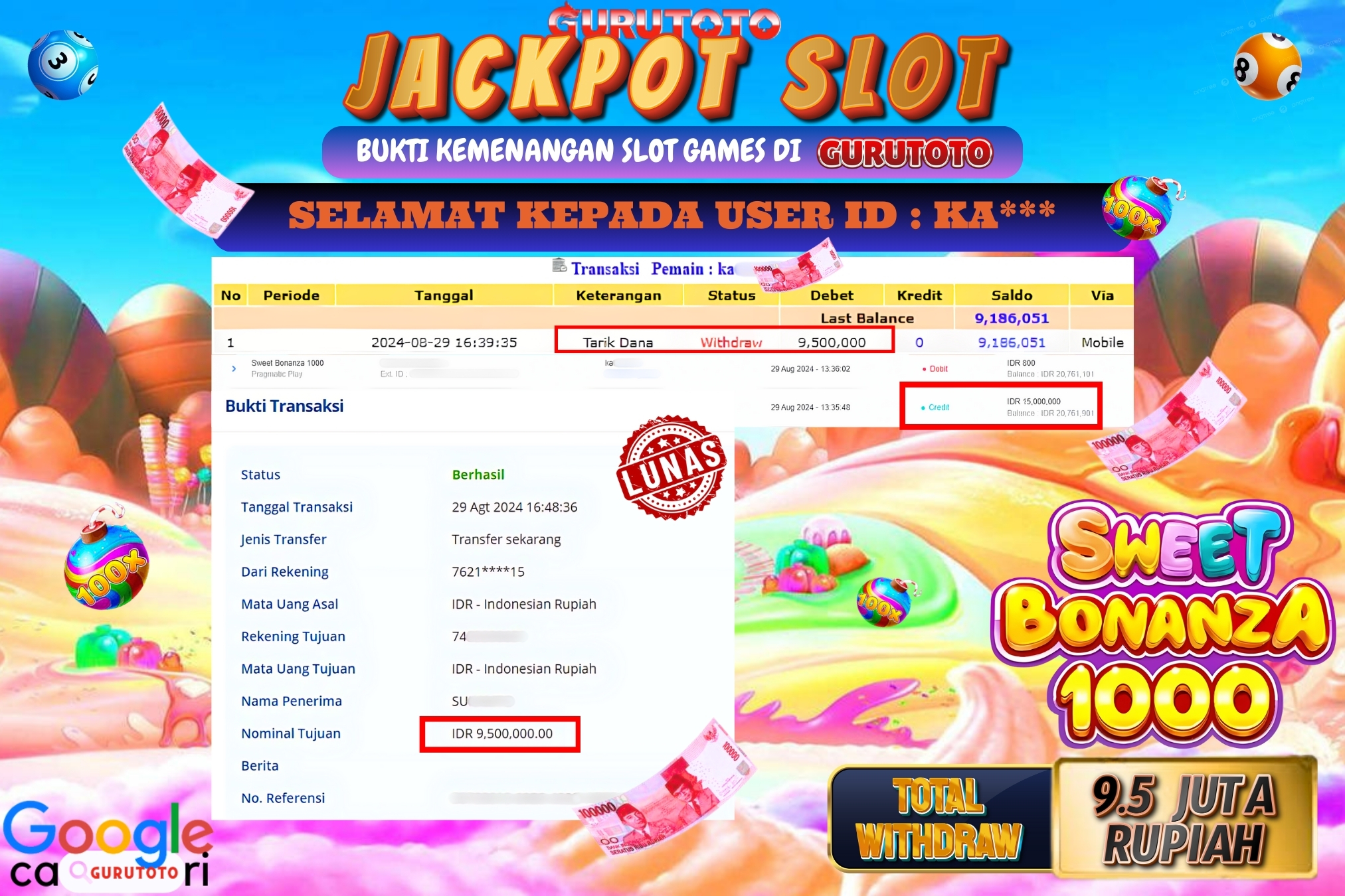 Jackpot Slot Sweet Bonanza 1000 di Gurutoto sebesar Rp.9.500.000 dibayar lunas.