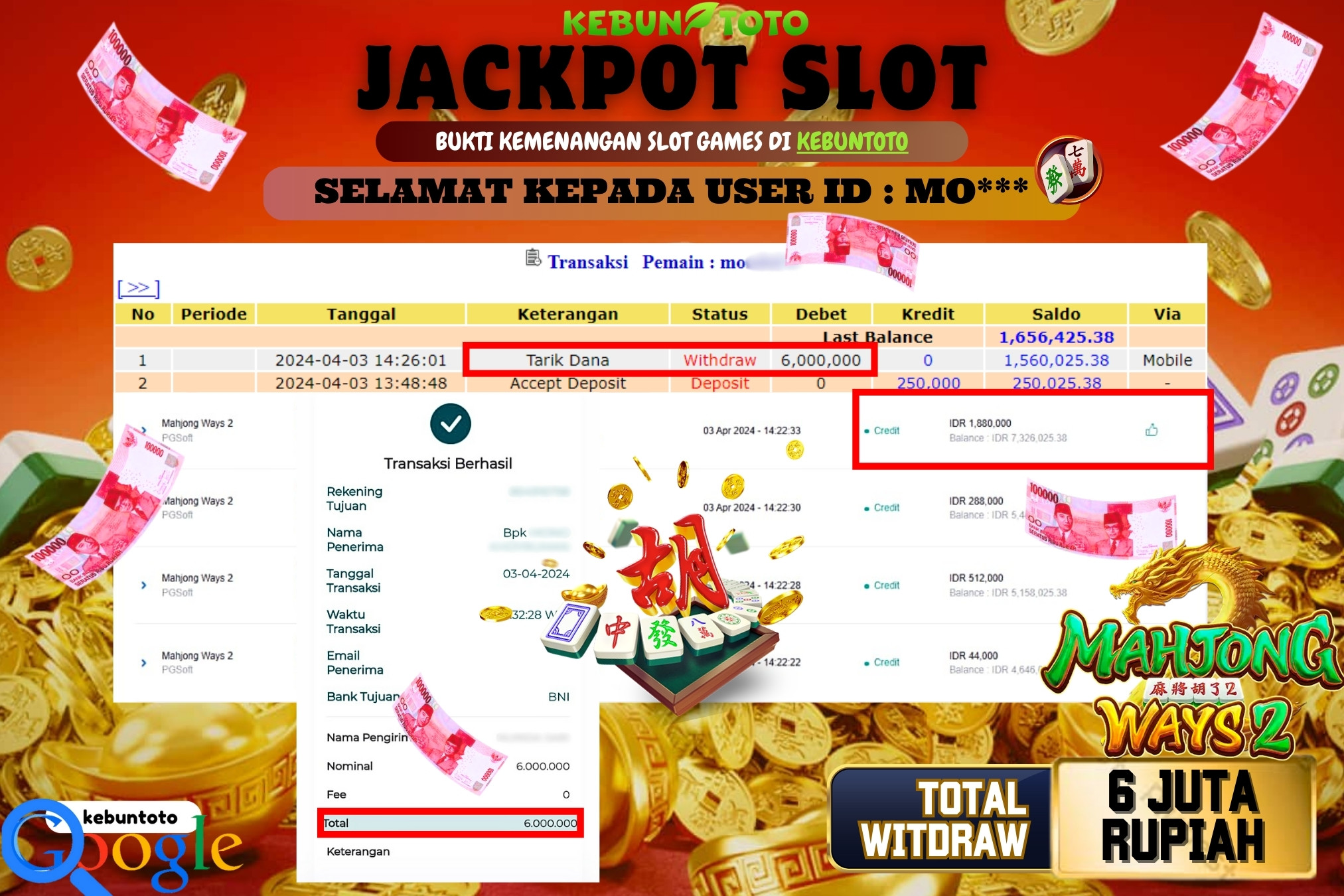 KEBUNTOTO JACKPOT SLOT MAHJONG WAYS 2 Rp.6.000.000,- LUNAS