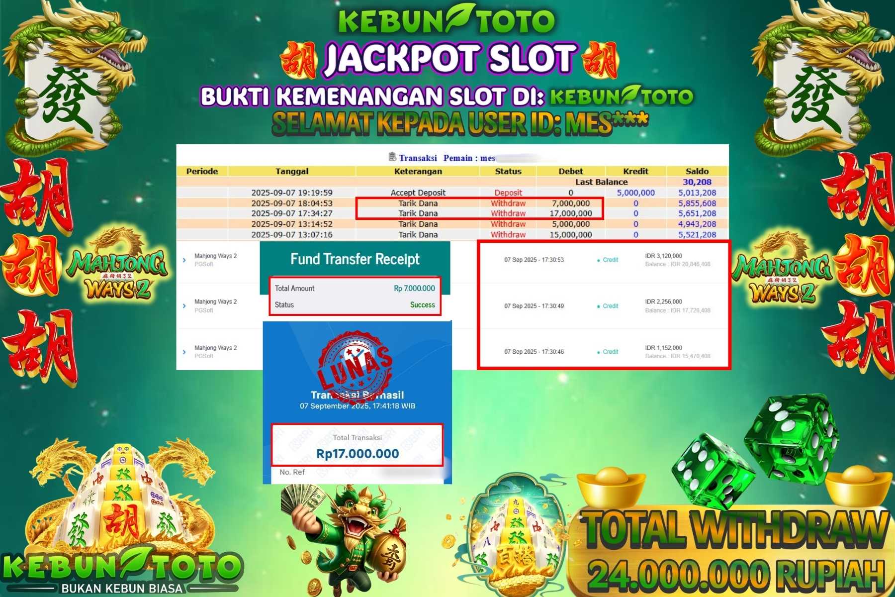Bukti Kemenangan Rp 24.000.000 SLOT MAHJONG WAYS 2 di KEBUNTOTO!