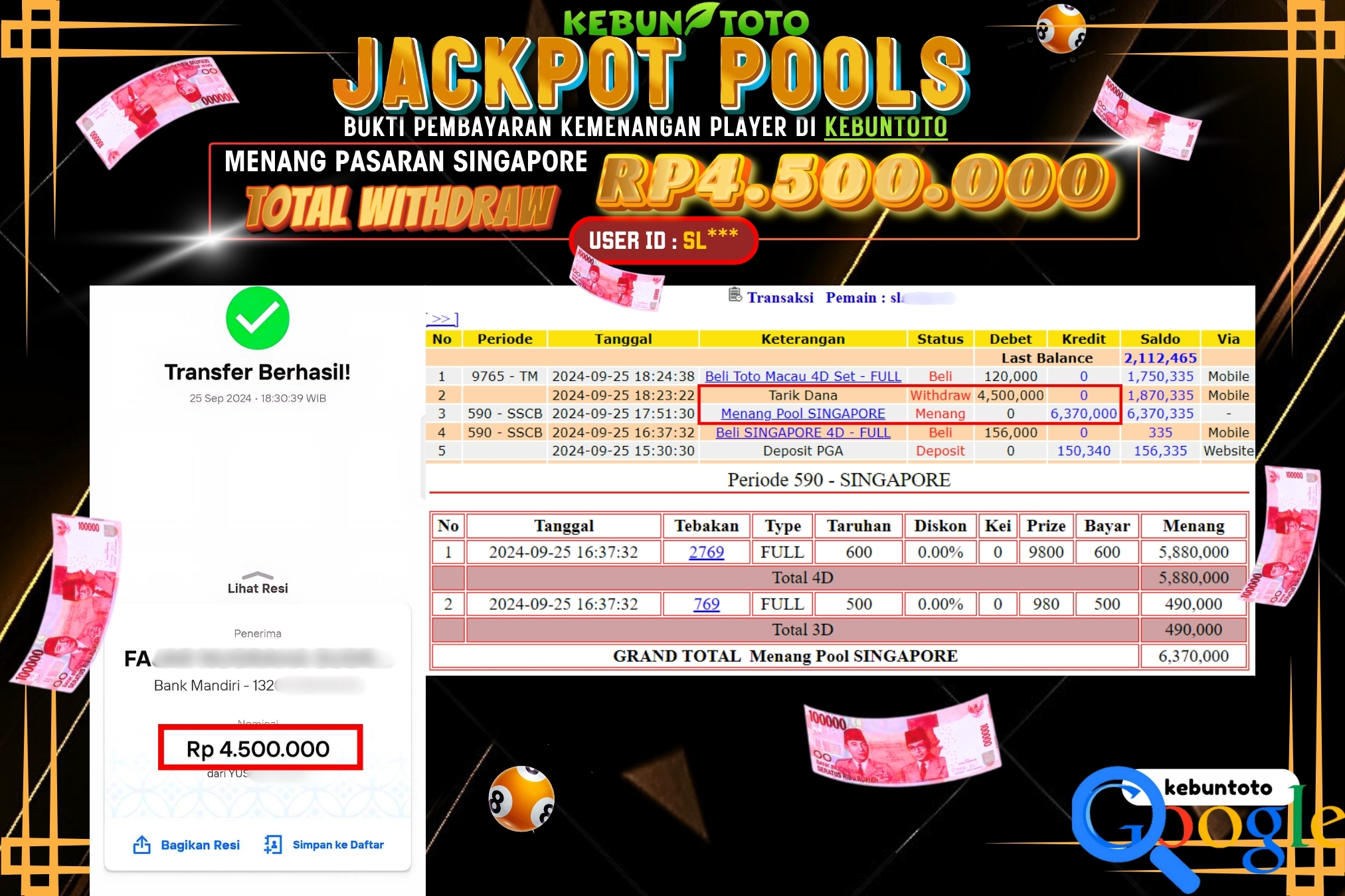 KEBUNTOTO JACKPOT TOGEL PASARAN SINGAPORE Rp.4.500.000,- LUNAS