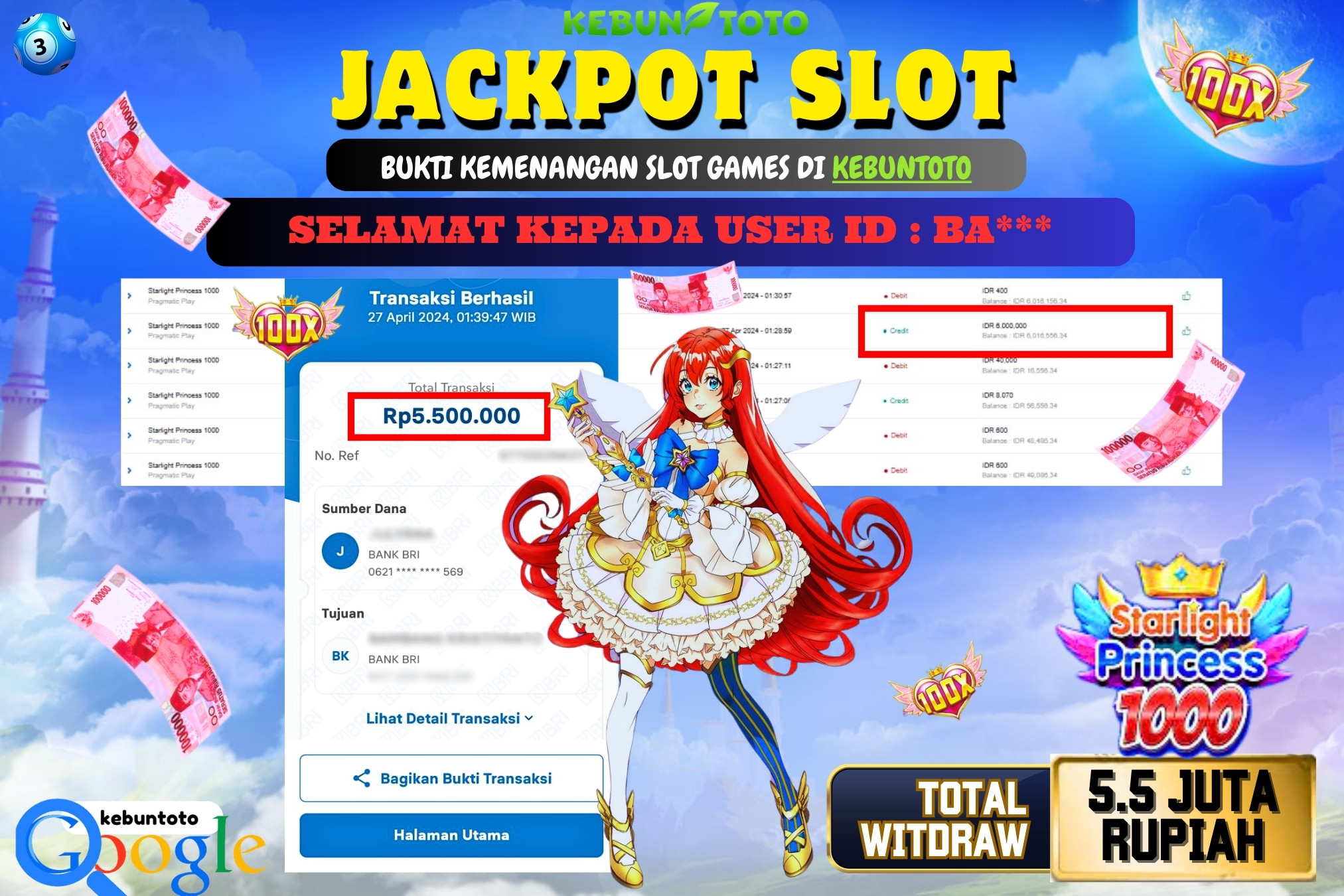 KEBUNTOTO JACKPOT SLOT STARLIGHT PRINCESS 1000 Rp.5.500.000,- LUNAS