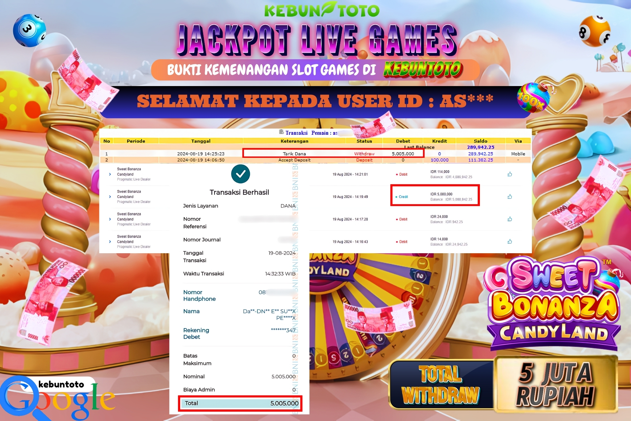 KEBUNTOTO JACKPOT LIVE GAMES SWEET BONANZA CANDYLAND Rp.5.005.000,- LUNAS
