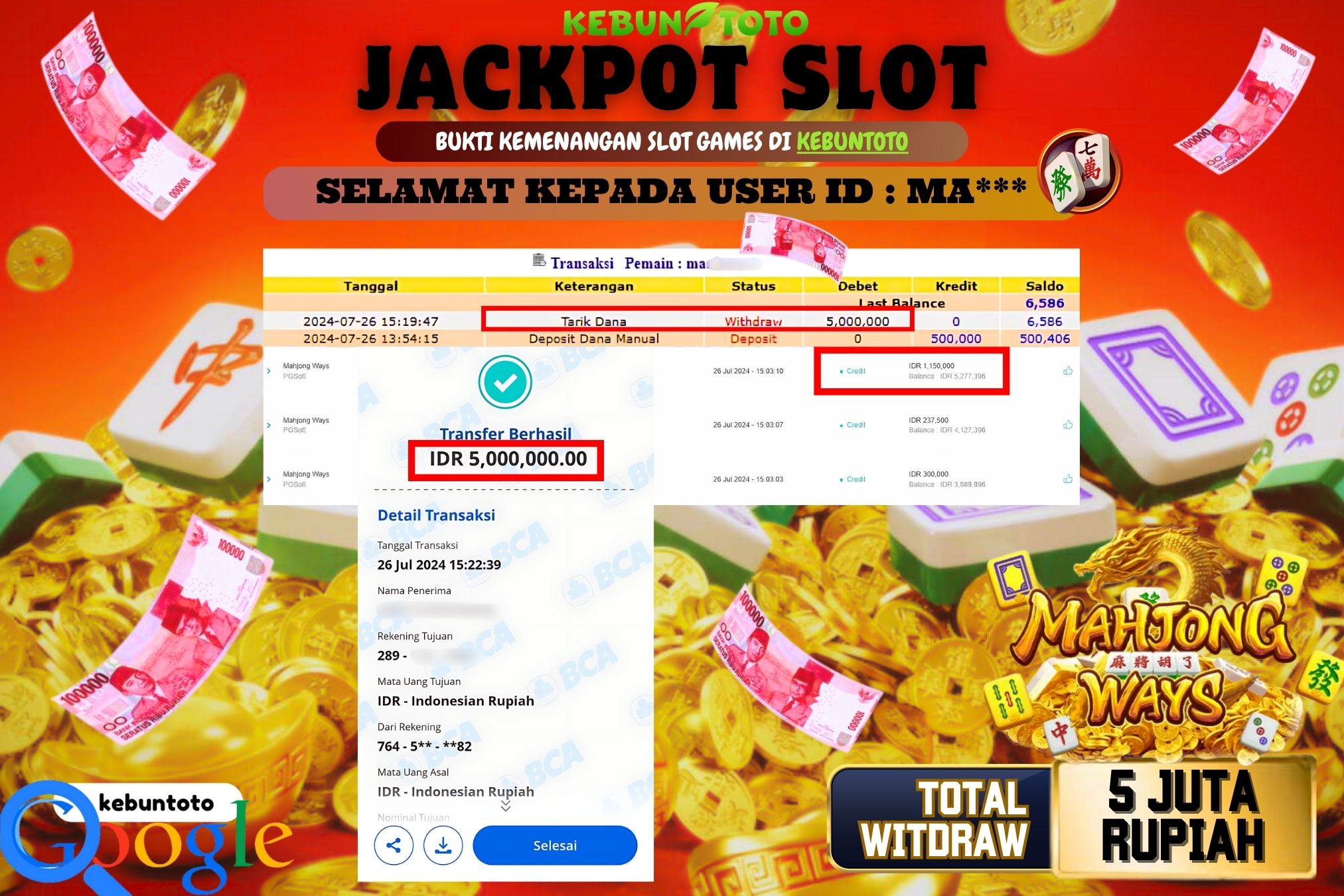 KEBUNTOTO JACKPOT SLOT MAHJONG WAYS Rp.5.000.000,- LUNAS