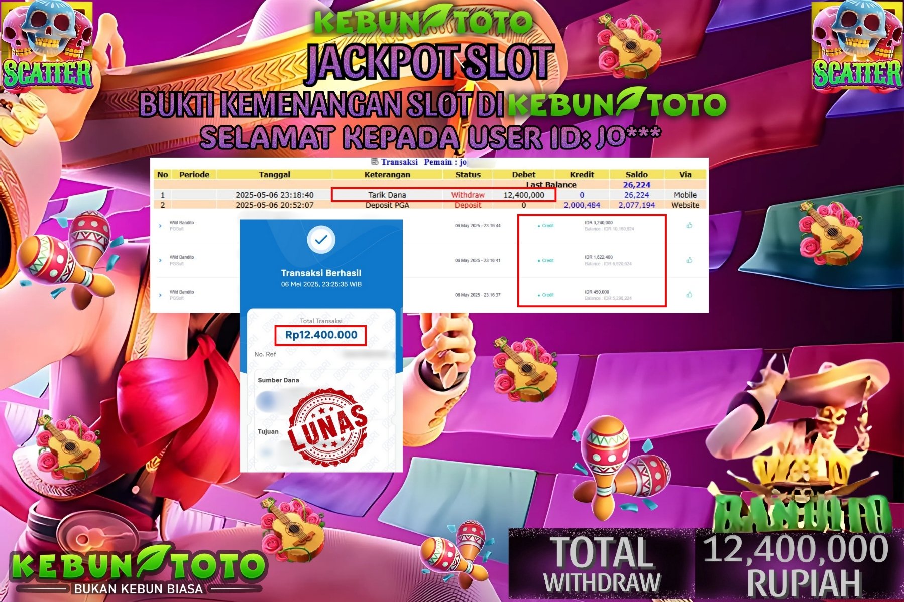 KEBUNTOTO JACKPOT SLOT WILD BANDITO Rp 12.400.000 ,- LUNAS