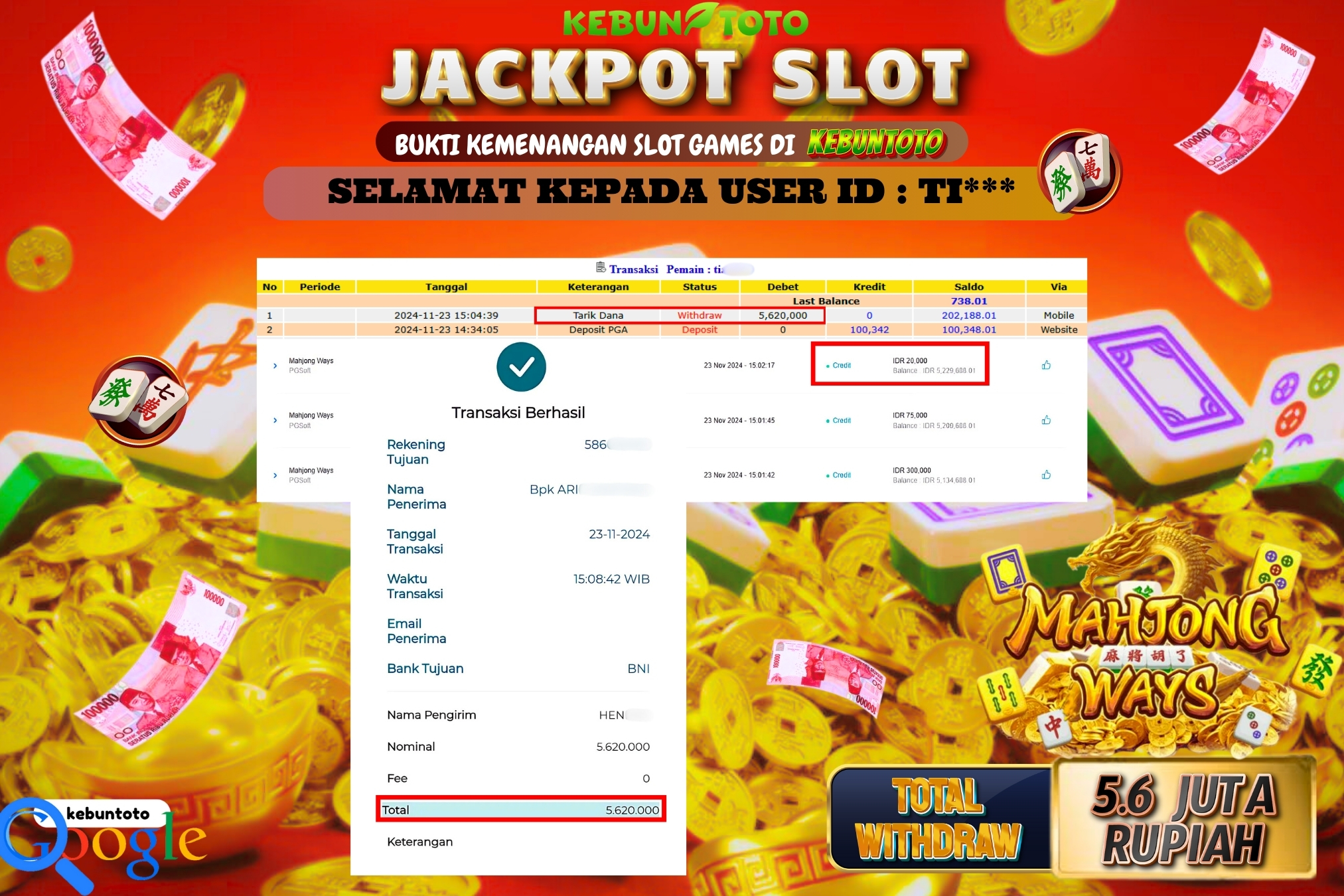 KEBUNTOTO JACKPOT SLOT MAHJONG WAYS Rp.5.620.000,- LUNAS