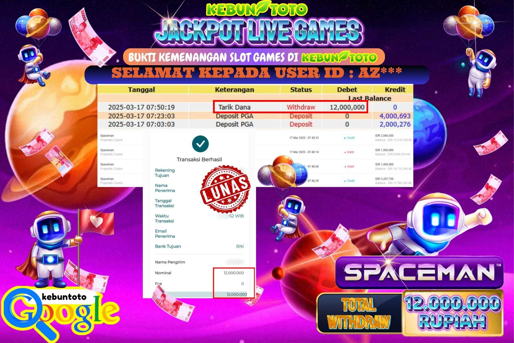 KEBUNTOTO JACKPOT, LIVE GAMES SPACEMAN Sebesar Rp 12.000.000,- LUNAS