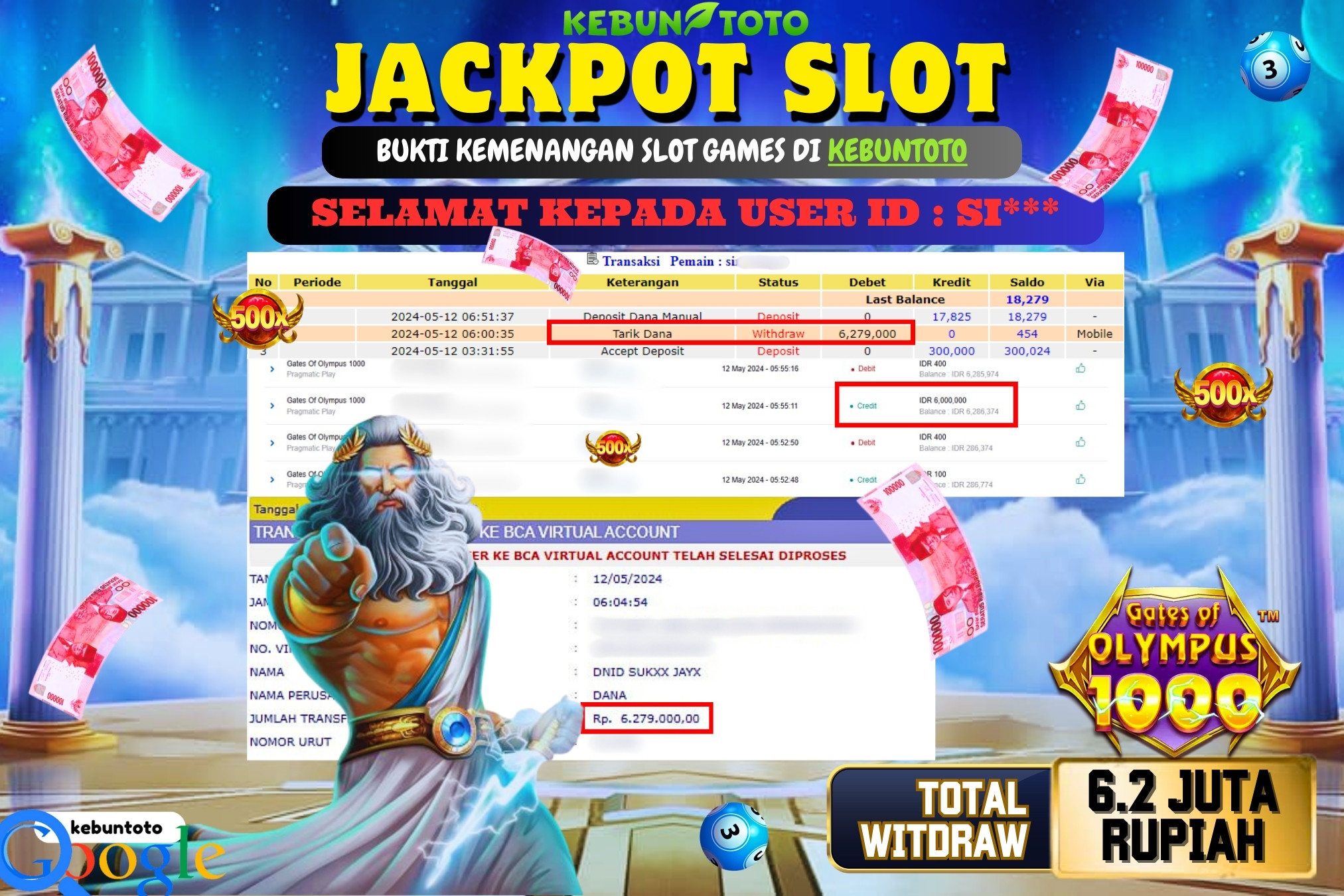 KEBUNTOTO JACKPOT SLOT GATES OF OLYMPUS 1000 Rp.6.279.000,- LUNAS