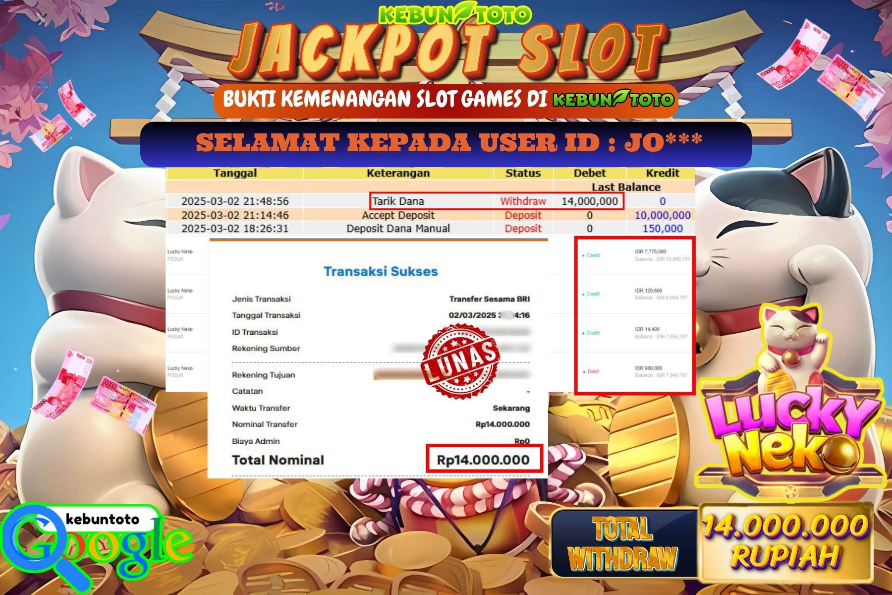 KEBUNTOTO JACKPOT, SLOT LUCKY NEKO Sebesar Rp 14.000.000,- LUNAS