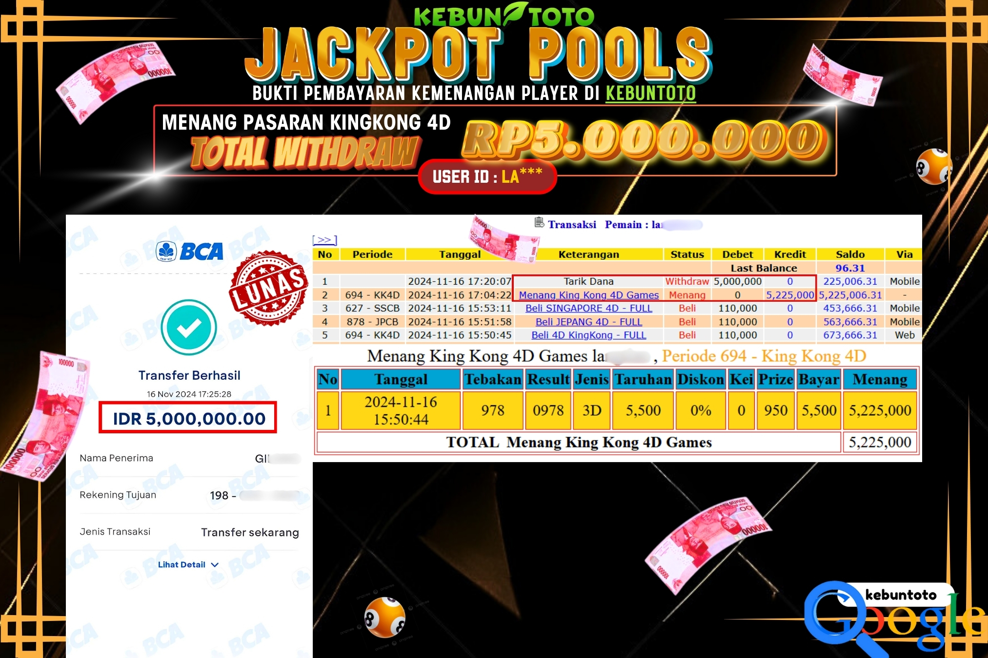 KEBUNTOTO JACKPOT TOGEL PASARAN KING KONG 4D Rp.5.000.000,- LUNAS
