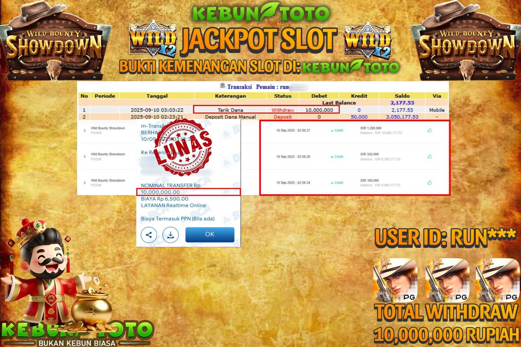 Bukti Kemenangan Rp 10.000.000 SLOT WILD BOUNTY SHOWDOWN di KEBUNTOTO!