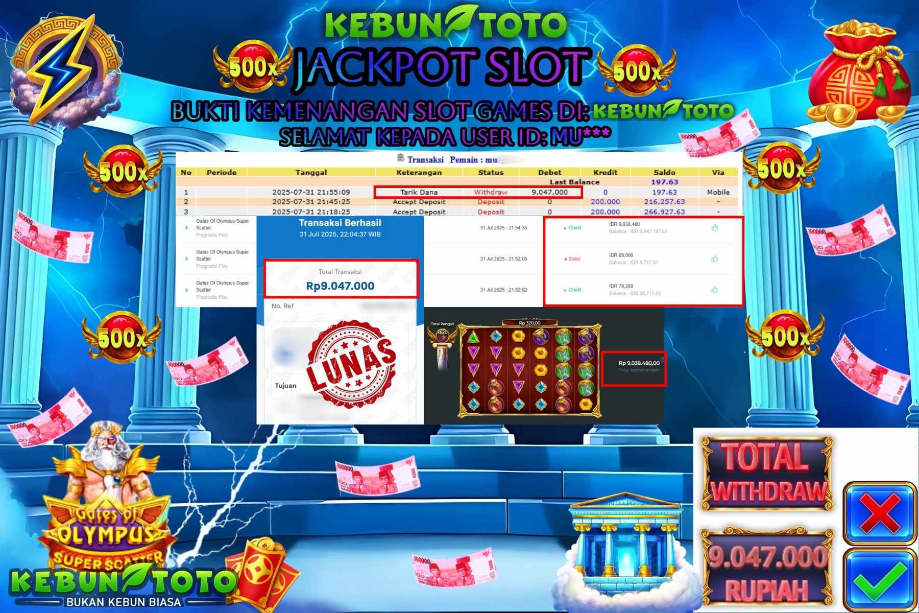 Bukti Kemenangan Rp 9.047.000 SLOT GATES OF OLYMPUS SUPER SCATTER di KEBUNTOTO!