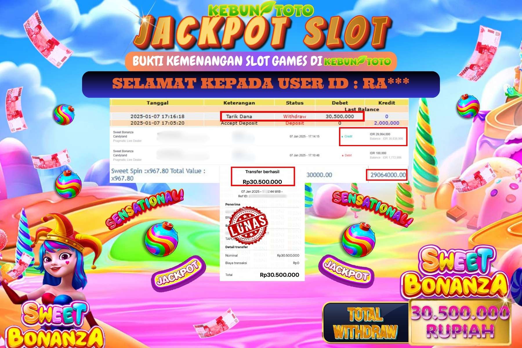KEBUNTOTO JACKPOT SLOT SWEET BONANZA , Sebesar Rp.30.500.000,- LUNAS