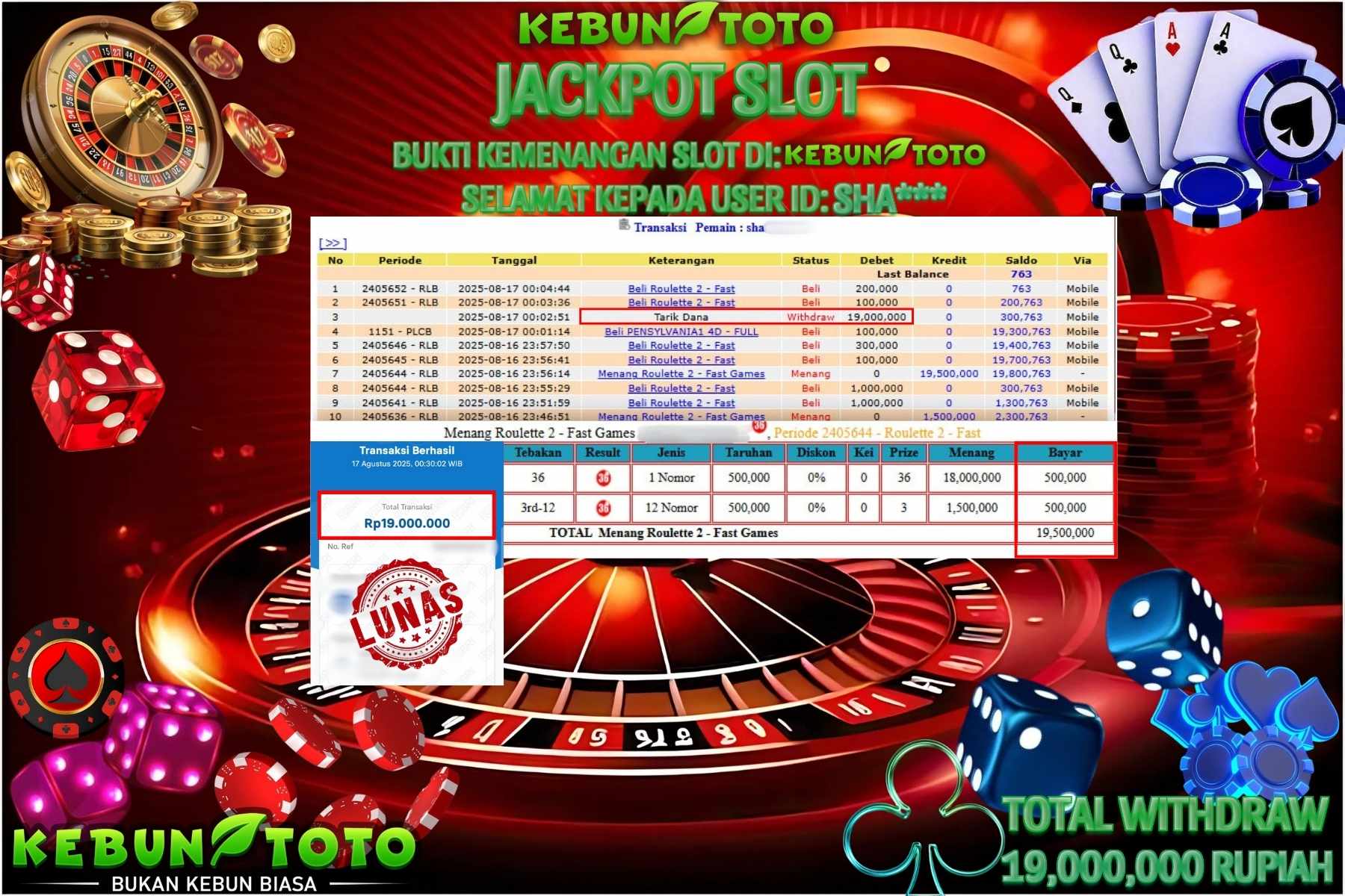 Bukti Kemenangan Rp 19.000.000 CASINO ROULETTE 2 di KEBUNTOTO!