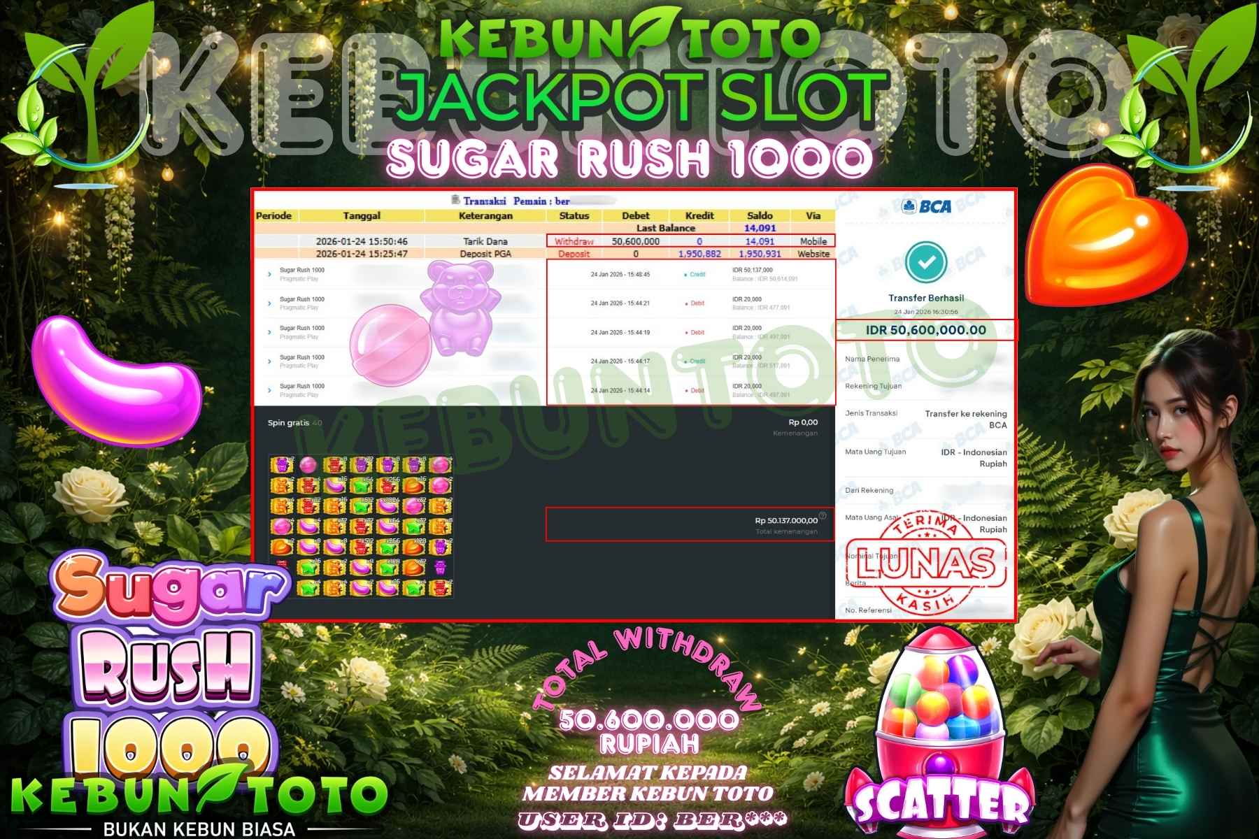 Bukti Kemenangan Rp 50.600.000 SLOT SUGAR RUSH 1000 di KEBUNTOTO!