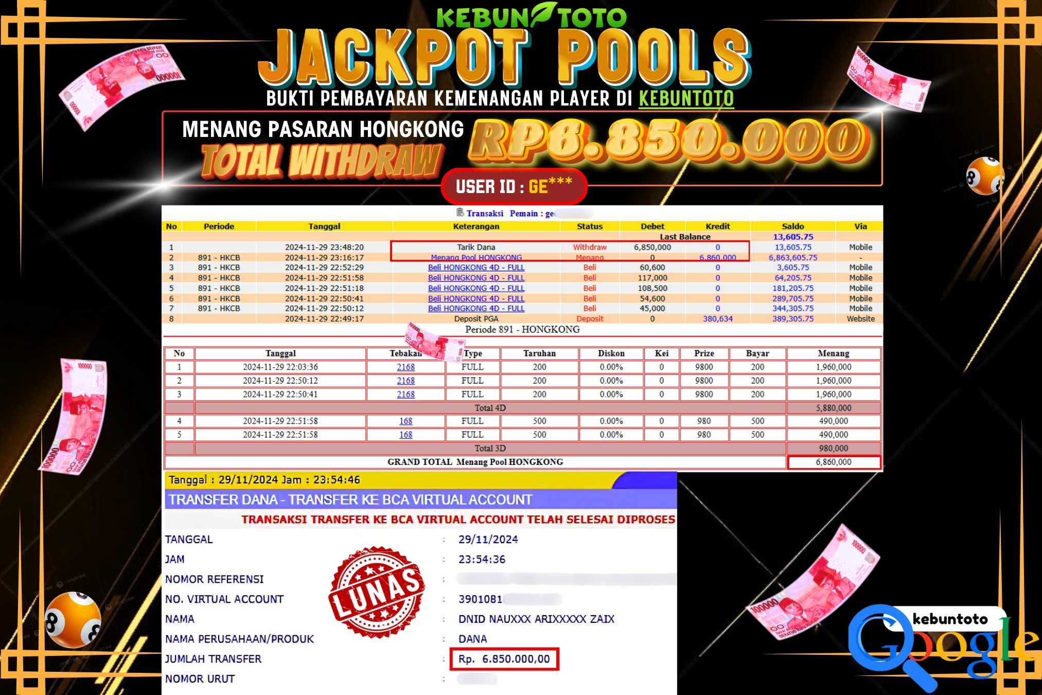 KEBUNTOTO JACKPOT TOGEL PASARAN HONGKONG Rp.6.850.000,- LUNAS