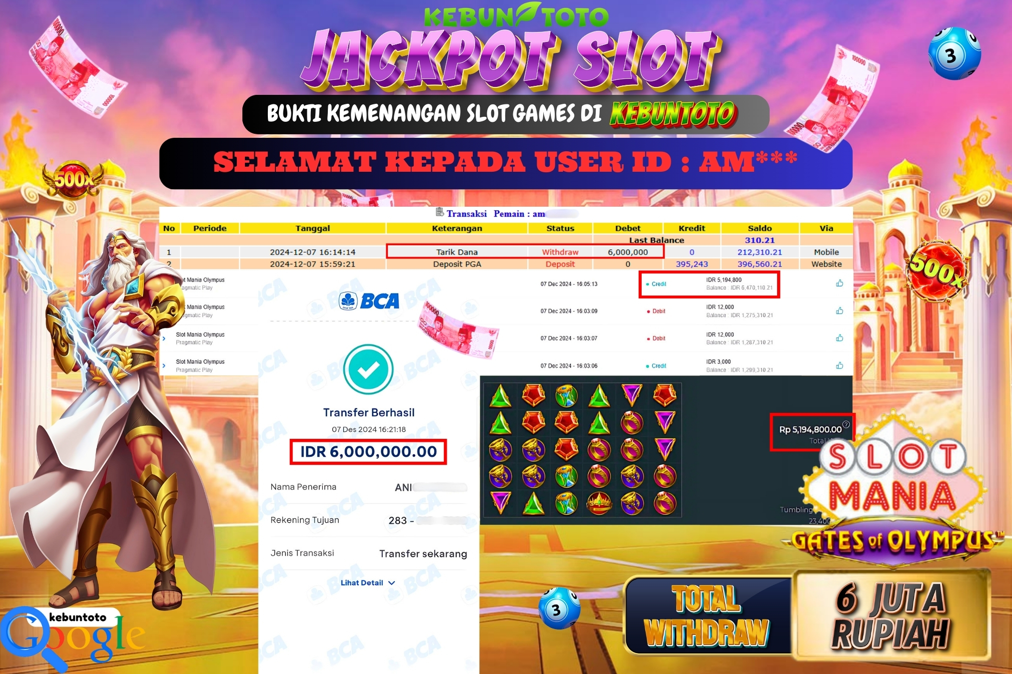 KEBUNTOTO JACKPOT SLOT MANIA OLYMPUS Rp.6.000.000,- LUNAS