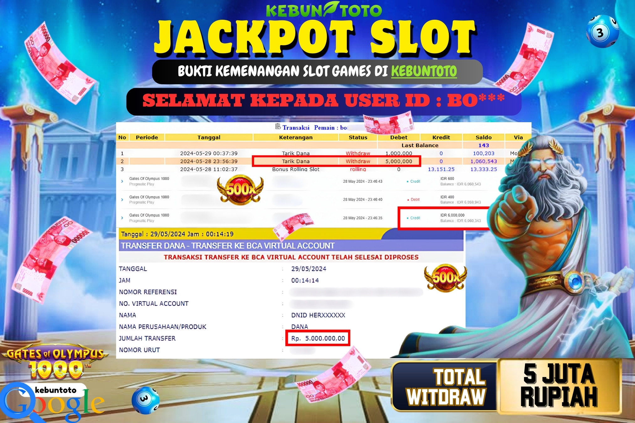 KEBUNTOTO JACKPOT SLOT GATES OF OLYMPUS 1000 Rp.5.000.000,- LUNAS