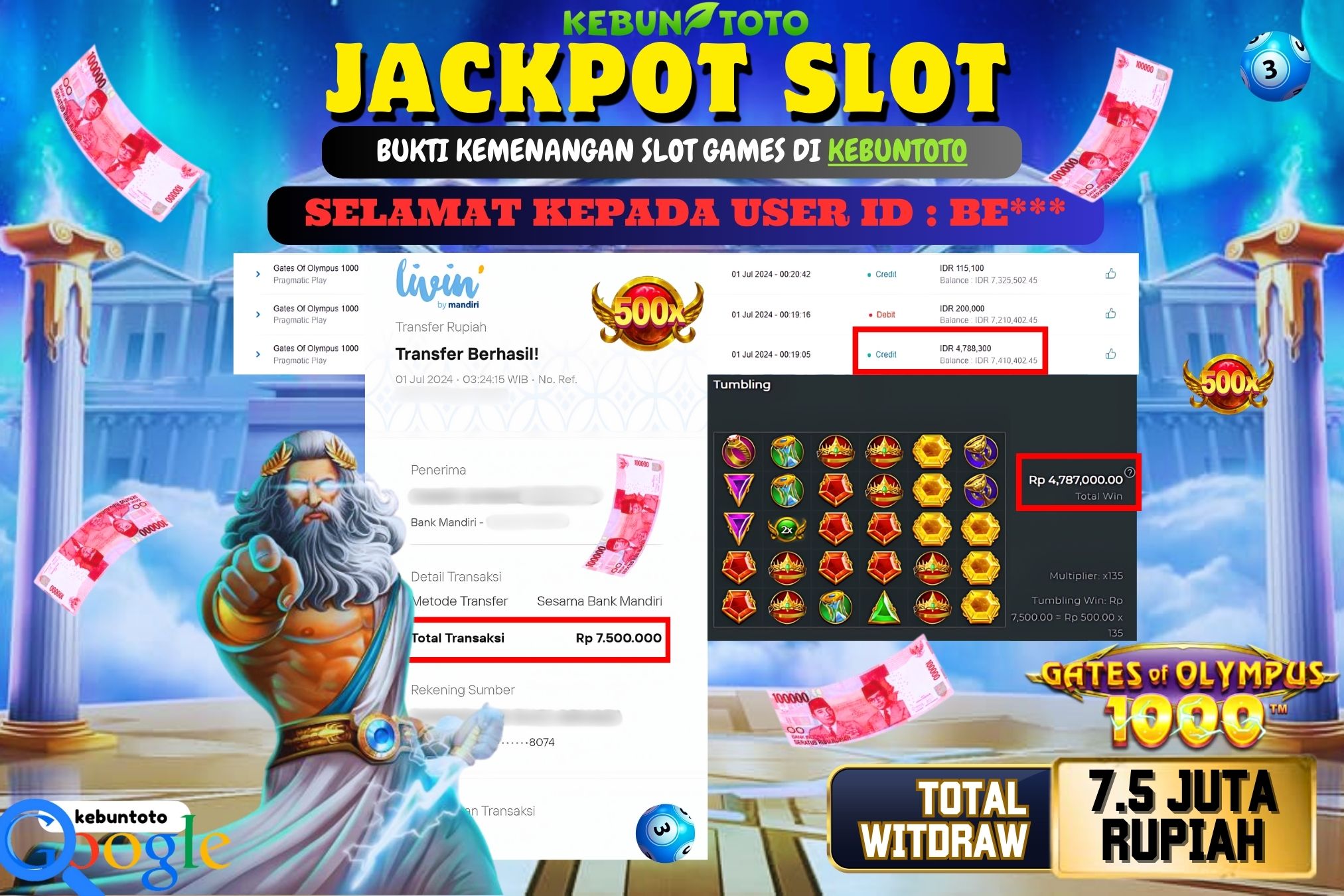 KEBUNTOTO JACKPOT SLOT GATES OF OLYMPUS 1000 Rp.7.500.000,- LUNAS