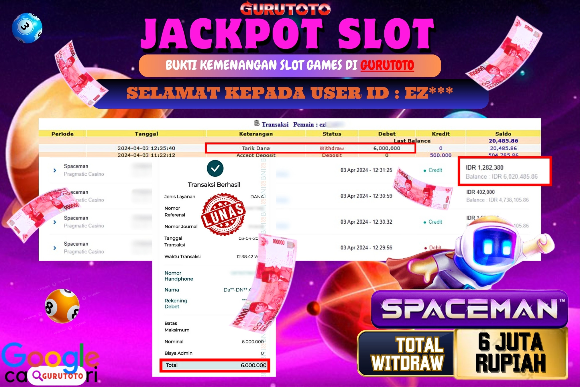 Jackpot  SLOT SPACEMAN di Gurutoto sebesar Rp.6.000.000 dibayar lunas.
