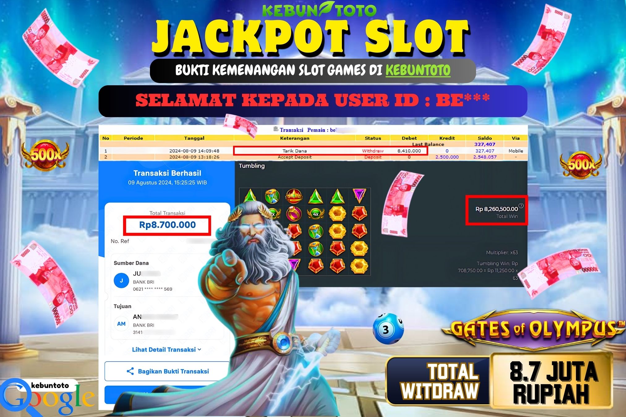 KEBUNTOTO JACKPOT SLOT GATES OF OLYMPUS Rp.8.700.000,- LUNAS