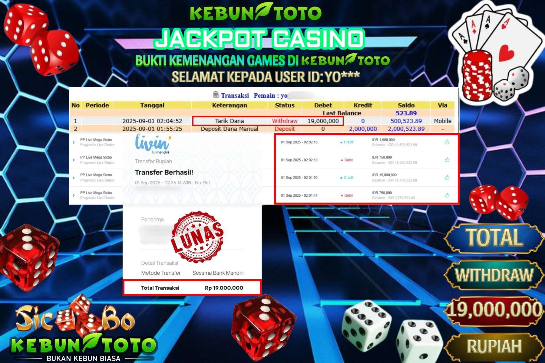 Bukti Kemenangan Rp 19.000.000 CASINO PP LIVE MEGA SICBO di KEBUNTOTO!