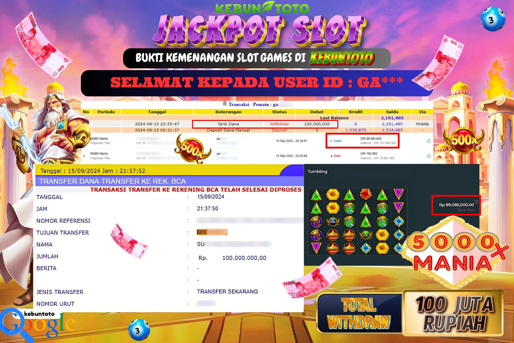 KEBUNTOTO JACKPOT SLOT 5000x MANIA Rp.100.000.000,- LUNAS