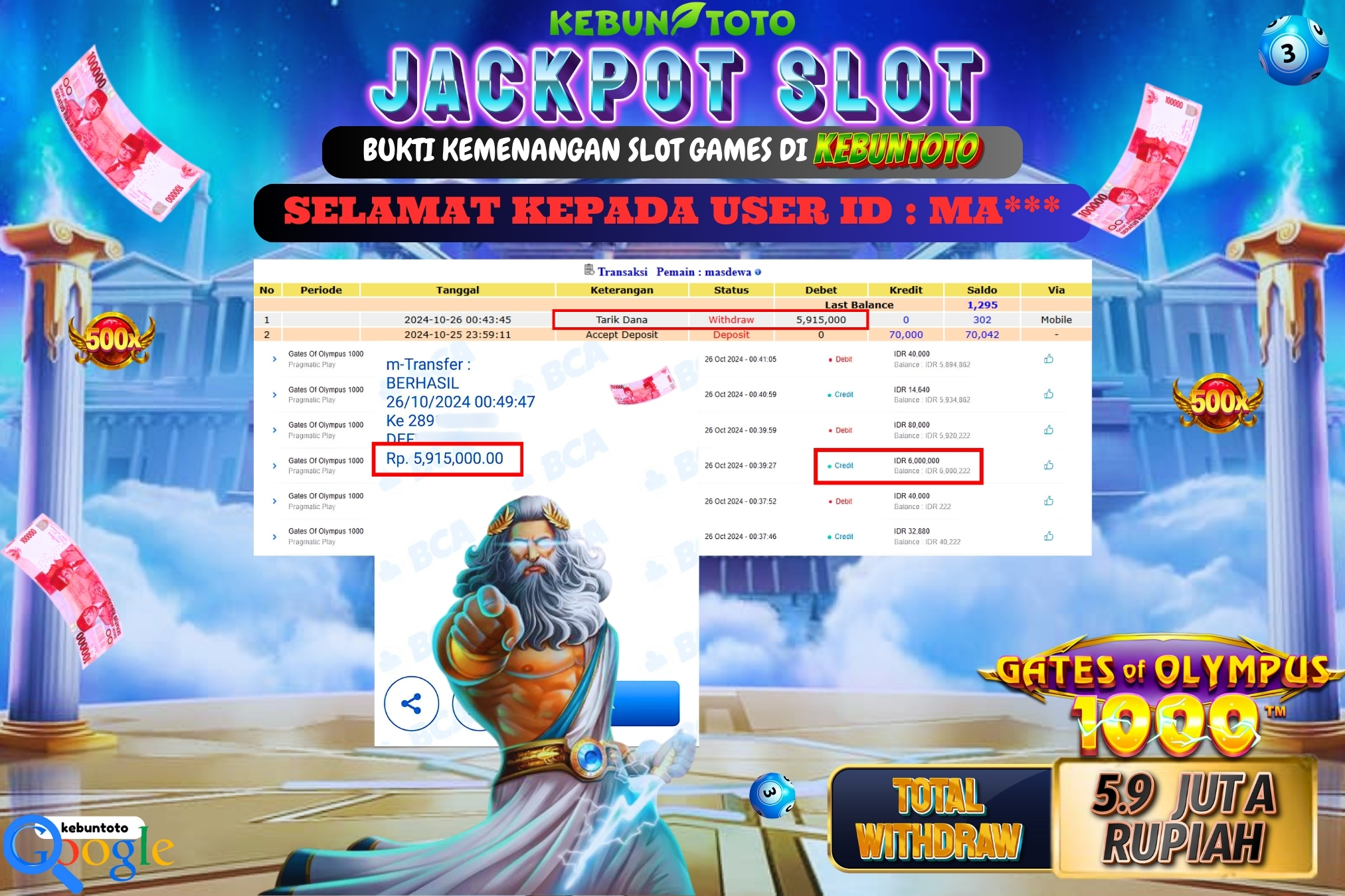 KEBUNTOTO JACKPOT SLOT GATES OF OLYMPUS 1000 Rp.5.915.000,- LUNAS