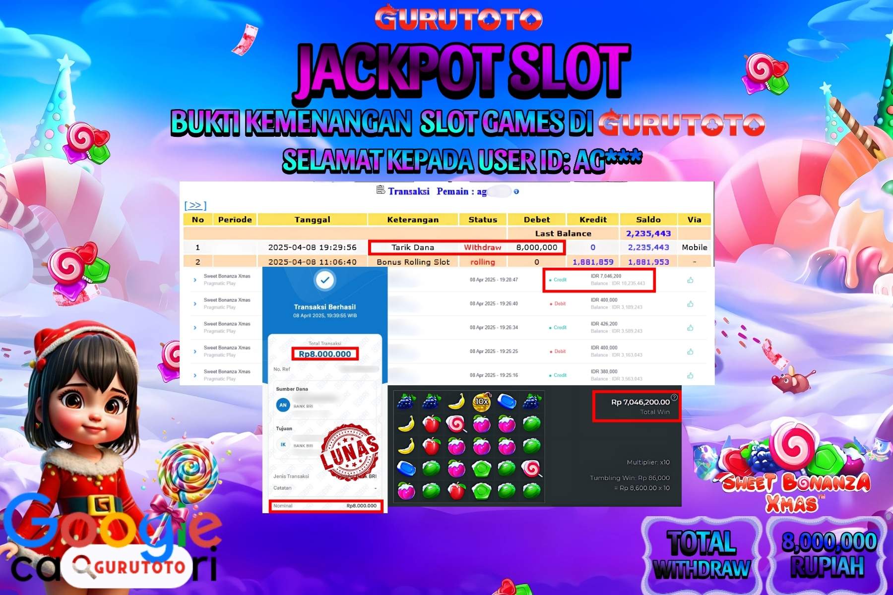 GURUTOTO JACKPOT, SLOT SWEET BONANZA XMAS, Sebesar Rp 8.000.000,- LUNAS