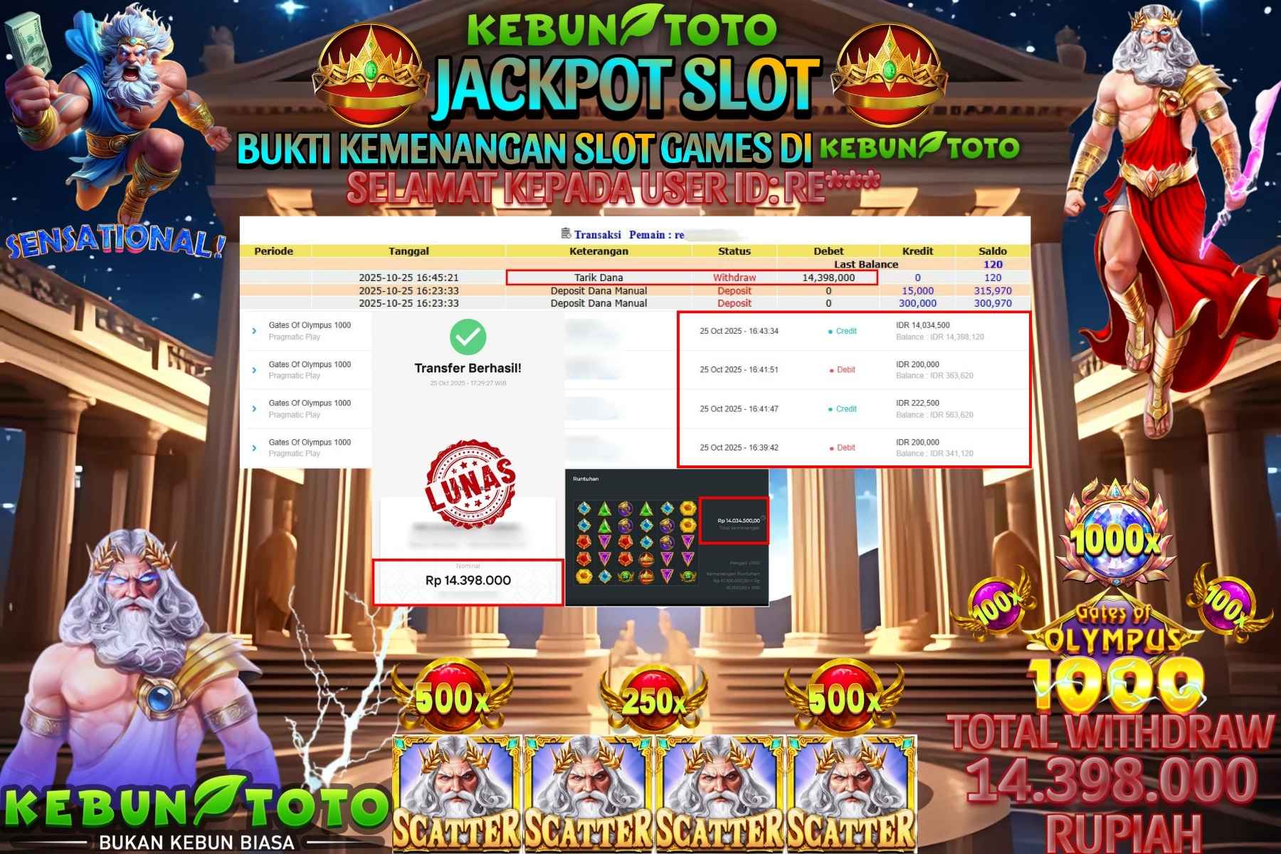Bukti Kemenangan Rp 14.398.000 SLOT GATES OF OLYMPUS 1000 di KEBUNTOTO!