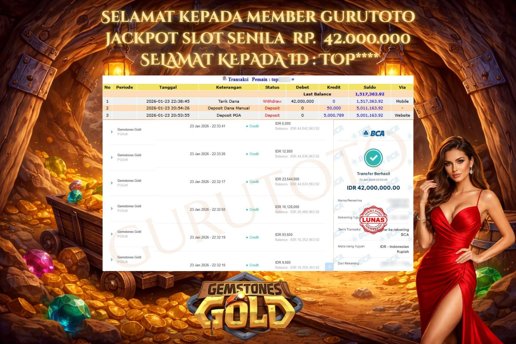 Bukti Kemenangan Rp 42.000.000 GEMSTONES GOLD !