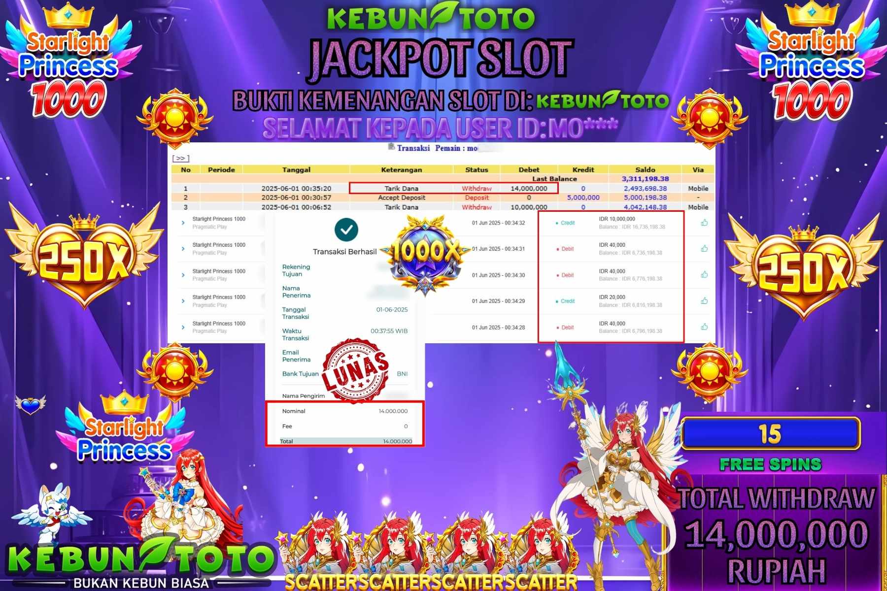 KEBUNTOTO JACKPOT SLOT STARLIGHT PRINCESS 1000 Rp 14,000,000,- LUNAS