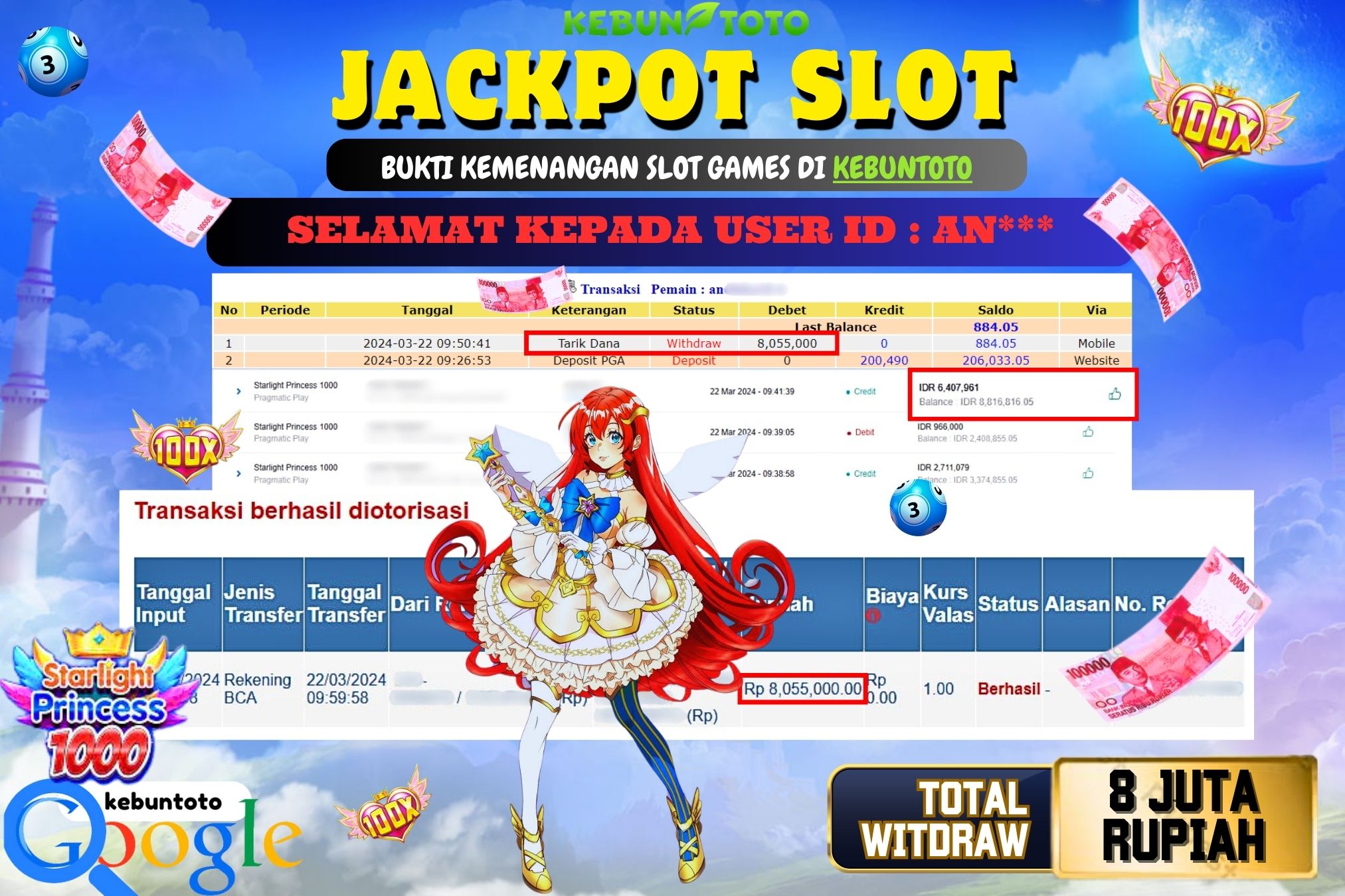KEBUNTOTO JACKPOT SLOT STARLIGHT PRINCESS 1000 Rp.8.055.000,- LUNAS