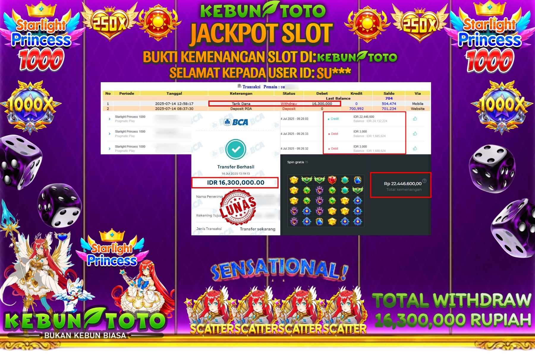 Bukti Kemenangan Rp 16.300.000 SLOT STARLIGHT PRINCESS 1000 di KEBUNTOTO!