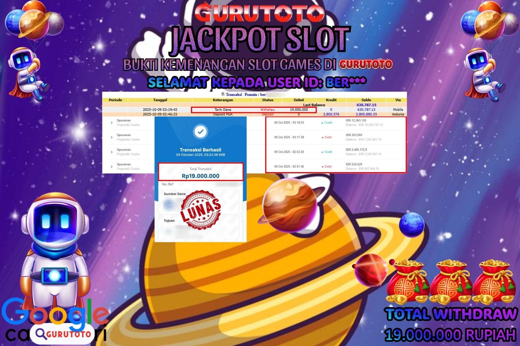 Bukti Kemenangan Rp 19.000.000 SLOT SPACEMAN di GURUTOTO!