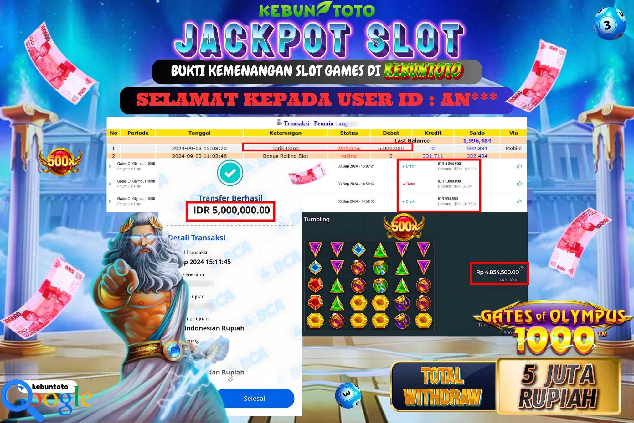 KEBUNTOTO JACKPOT SLOT GATES OF OLYMPUS 1000 Rp.5.000.000,- LUNAS